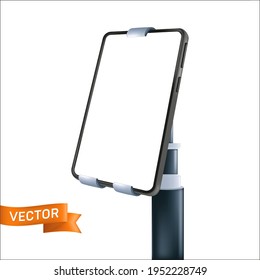 Teléfono móvil con pantalla blanca fijada en el soporte con la parte de la manija. Ilustración vectorial de un smartphone con una pantalla vacía aislada en un fondo blanco