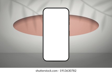 Mobile phone with a white screen. White studio. Studio background space with leaves shadows. Ready-made banner for advertising mobile applications. Vector. Realistic style.