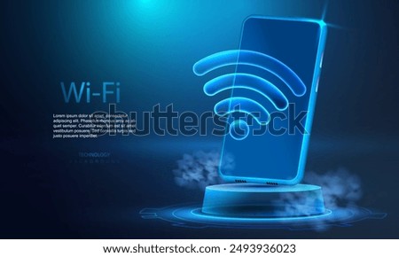 Mobile phone with wifi icon standing on transparent podium. Technology smartphone with wi-fi symbol on blue gaming platform. Wireless network digital innovation concept, free internet zone symbol.