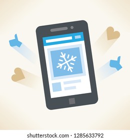 Mobile phone with winter showflake photo and social network feedback on screen - love heart symbols, and new article likes and appreciations.