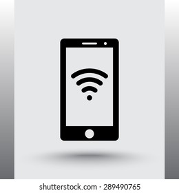 Mobile phone with wireless sign icon, vector illustration. Flat design style