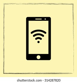Mobile phone with wireless sign icon, vector illustration. Flat design style