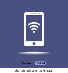 Mobile phone with wireless sign icon, vector illustration. Flat design style