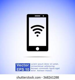 Mobile phone with wireless sign icon, vector illustration. Flat design style