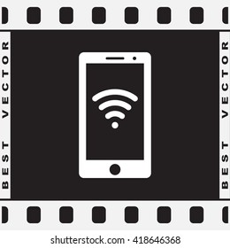 Mobile phone with wireless sign icon, vector illustration. Flat design style