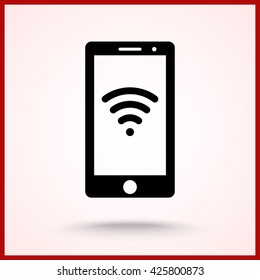 Mobile phone with wireless sign icon, vector illustration. Flat design style