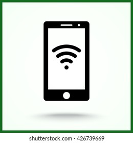 Mobile phone with wireless sign icon, vector illustration. Flat design style