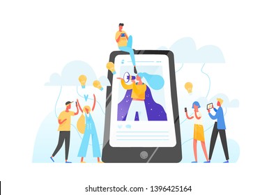 Mobile phone, woman with megaphone on screen and young people surrounding her. Influencer marketing, social media or network promotion, SMM. Flat vector illustration for internet advertisement.