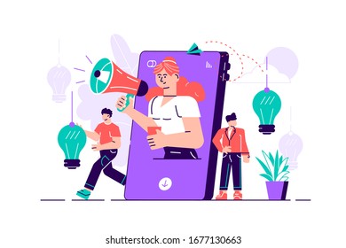 Teléfono móvil, mujer con megáfono en la pantalla y jóvenes rodeándola. Mercadeo influyente, promoción de redes o medios sociales, SMM. Ilustración vectorial plana para publicidad en Internet.