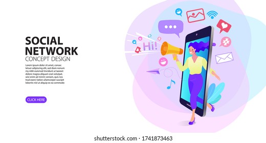 Mobile phone, woman with megaphone on screen. social media or network promotion. influencer marketing concept - blogger promotion services and goods for his followers online. Flat vector illustration.
