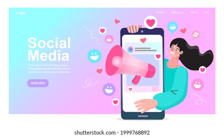 Mobile phone, woman with megaphone on screen. social media or network promotion. influencer marketing concept - blogger promotion services and goods for his followers online. Flat vector illustration.