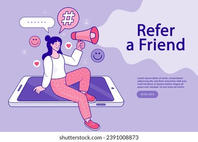 Teléfono móvil, mujer con megáfono en pantalla. promoción de redes o medios sociales. concepto de marketing de influencer - servicios de promoción de bloggers y bienes para sus seguidores en línea. Ilustración vectorial plana.