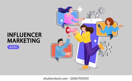Mobile phone, woman with megaphone on screen. social media or network promotion. influencer marketing concept - blogger promotion services and goods for his followers online. Flat vector illustration.