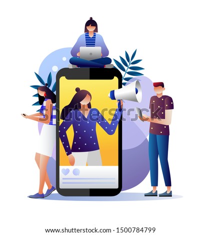 Mobile phone, woman with megaphone on screen and young people surrounding her. Influencer marketing, social media or network promotion, SMM. Flat vector illustration for internet advertisement