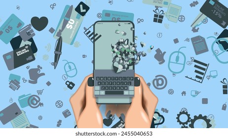 A mobile phone in women's hands with a mobile interface and a pattern of web business icons. Vector banner