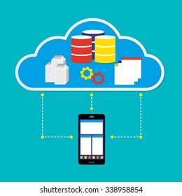 Mobile phone working on cloud with database application and document on cloud. Vector illustration cloud computing concept design.