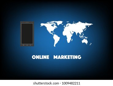 Mobile phone and world blank map Isolated on dark blue sea background, online marketing business concept.