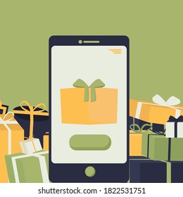 Mobile phone and yellow gift box on the screen. Many christmas gifts in the background. Flat design.  