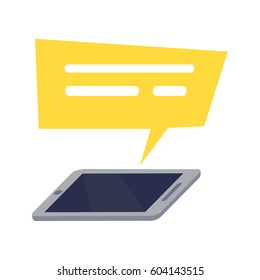 Mobile phone with yellow rectangle speech on white background. Vector illustration of of web chatting, online texting, messaging, connection, communication dialog, sending information flat design.