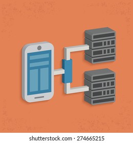 Mobile phone,connection,database server design,clean vector