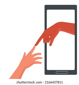 Mobile phone.Love and teamwork concept. Two hands.Symbol of happy partnership, success.childhood.partnership. Flat design isolated background. Vector.