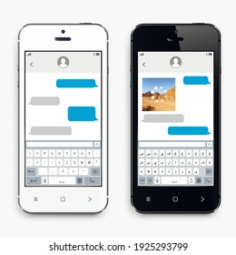 Mobile phones with Arabic alphabet virtual keyboards. Chatting and messaging phone screens.
