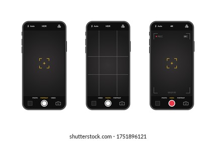 Mobile phones with camera interface. Mobile app application. Photo and video screen. Vector illustration graphic design.