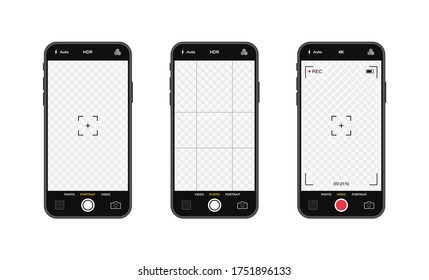 Mobile Phones With Camera Interface. Mobile App Application. Photo And Video Screen. Vector Illustration Graphic Design.