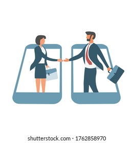 Mobile phones and communication Business people shake hands together on the smartphone screen Investment in business together Business vector illustration