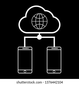 Mobile phones connected by a cloud to a network. Thin lines sign- black background