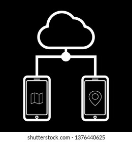 Mobile phones connected clouds. Phone with map and gps navigator sign. Black background