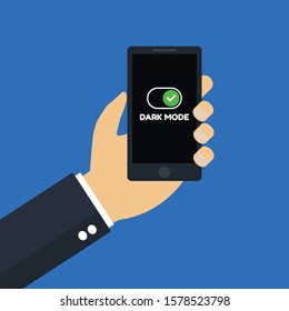 Mobile phones with Dark Mode Switcher.vector illustration.hand holding phone.flat design