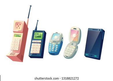 Mobile phones evolution cartoon vector concept. Cellphones generations from vintage models with physical numeric keypads and retractable antennas to modern smart devices with touchscreen illustration