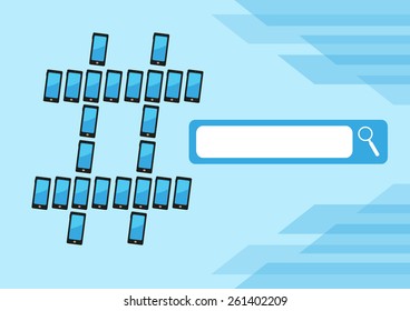 Mobile Phones forming a Big Hashtag Icon beside an empty search Bar and technology background motif. Editable Vector EPS10  and jpg illustrations