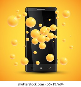 A mobile phones in front of a yellow background with bubbles, realistic vector illustration