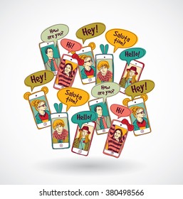 Mobile phones group happy communication people and shadow. Color vector illustration. EPS10