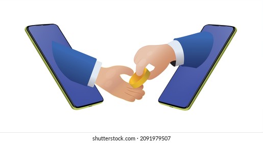 Mobile Phones With Hand Giving Golden Coin To Other. Receiving Money, Donations, Salary, Bonus, Tips Concept Via Smartphone, Mobile Pay Application. Vector Illustration.