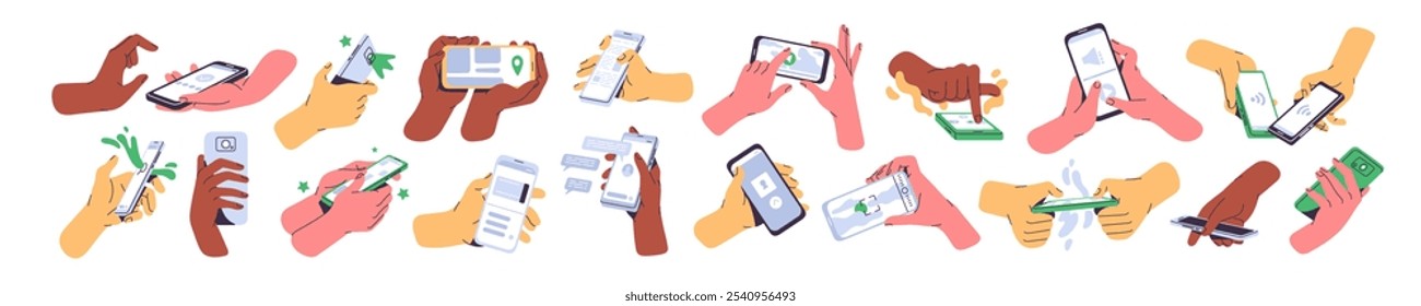 Os telefones celulares estão prontos para uso. As pessoas seguram smartphones, usando para pesquisar informações na internet, tirar fotos. Mensagens de texto, comunicação online por telefone. Ilustrações isoladas planas de vetor em branco