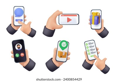 Mobile phones in hands, using apps, 3D illustration set. Holding smartphones with applications on screens, reading online, watching video,texting messages, calling. Cartoon vector illustrations