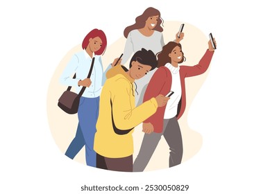 Mobile phones are in hands of walking people use gadgets on go and risk stumbling or falling into hatch. Problem of digital addiction in men and women who need to give up phones with social networks