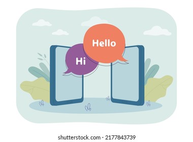 Mobile phones with hi speech bubbles flat vector illustration. People messaging on social media. Online communication, internet concept for banner, website design or landing web page