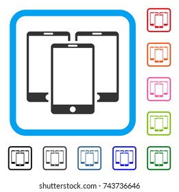 Mobile Phones icon. Flat gray pictogram symbol inside a blue rounded frame. Black, gray, green, blue, red, orange color variants of Mobile Phones vector. Designed for web and application UI.