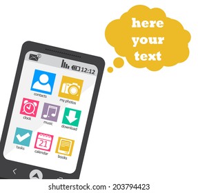 Mobile phones with icons with space for text. Flat style. Vector illustration can be used for web and computer design, banners, postcard.