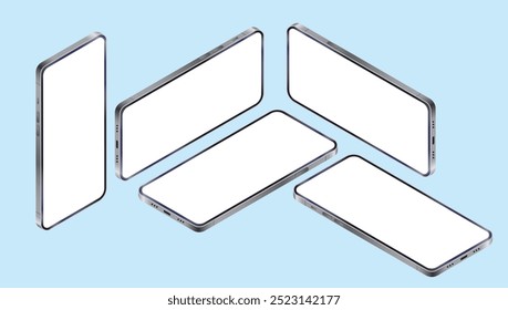 Teléfonos móviles en vista isométrica - Varios teléfonos inteligentes sin marca con pantalla blanca vacía. Plantilla y Ilustración vectorial de concepto de maqueta