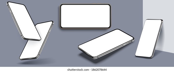 Mobile phones mock up in different angles isolated, 3d perspective view cellular mockup with white empty screen isolated. Device UI, UX mockup for presentation template. Vector illustration