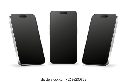 Mobile Phones Mockup. Collection of realistic smartphones with blank white screens in various angles. Isometric perspective isolated on white background. Vector illustration.