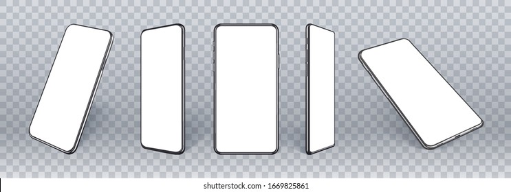 Mobile phones mockup in different angles isolated, 3d perspective view cellular mockup with white empty screen isolated for showing ui ux app design or website. Realistic smartphone mockup.