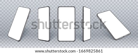 Mobile phones mockup in different angles isolated, 3d perspective view cellular mockup with white empty screen isolated for showing ui ux app design or website. Realistic smartphone mockup.