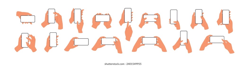 Simulaciones de teléfonos móviles, pantallas de smartphone en manos fijas. Con pantalla en blanco, teléfonos celulares. Ilustraciones vectoriales planas