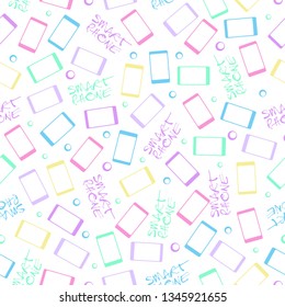 Mobile phones on a white background. Seamless pattern with colorful smartphone. Vector illustration.
